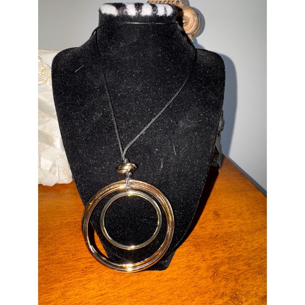 Chicos Gold Tone Double Hoop‎ Pendant Necklace Black Cord Statement